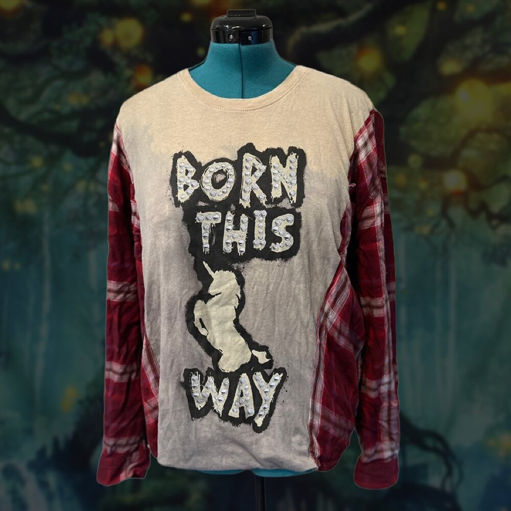 Lady Gaga “Born This Way” Reworked Sweatshirt • Spliced Flannel Sleeves • OS